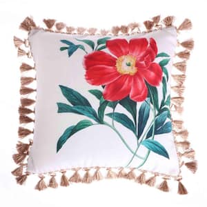 Simone Floral Red, Green, White, Copper Flower Print with All Arround Tassel Edge 18 in. x 18 in. Throw Pillow