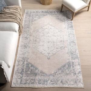 Sol Medallion Machine Washable Light Grey 8 ft. x 10 ft. Traditional Area Rug