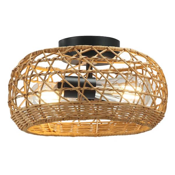 BYBLIGHT 11.8 in. 2-Light Farmhouse Rattan Ceiling Light, Hand-woven Flush Mount Ceiling Light with Wicker Shade, ETL Certified
