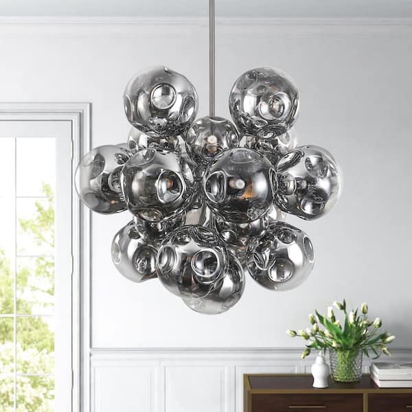 Modern Sputnik 25-Light Silver Bubble Cluster Chandelier with Smoky Gray Hammered Glass Shades
