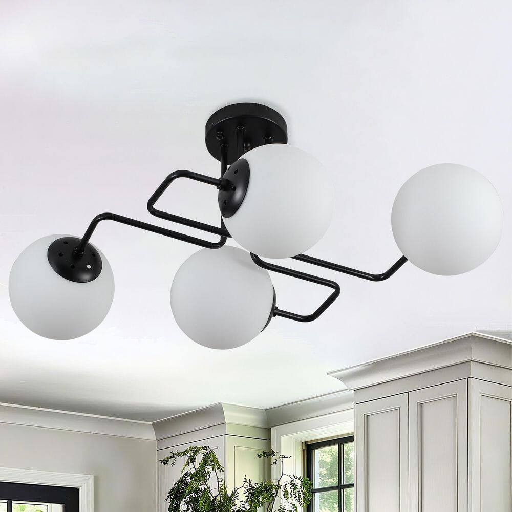 26.8 in. 4-Light Black Modern Sputnik Semi-Flush Mount With White Globe Glass Shade and No Bulbs Included,LED Compatible price history on PriceWatchPro