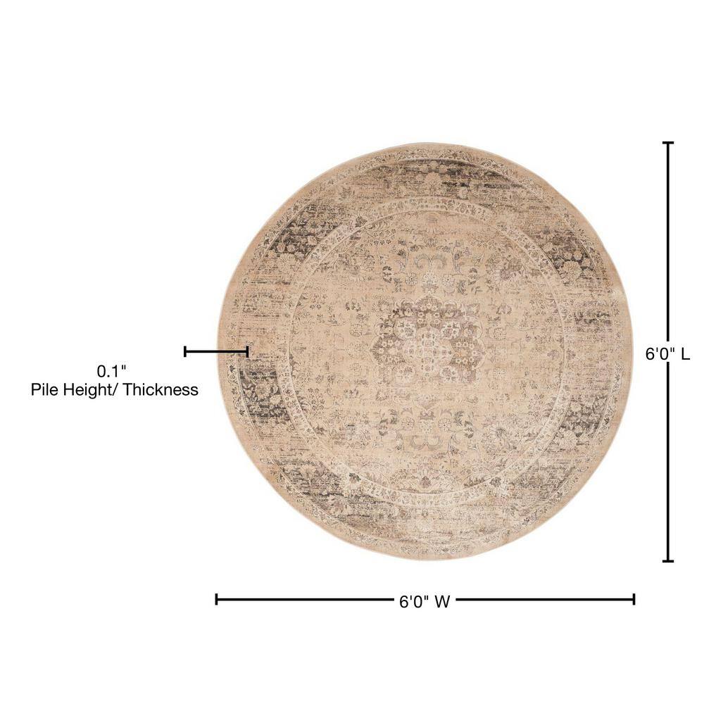 Vintage Warm Beige Floral Round Wool Area Rug