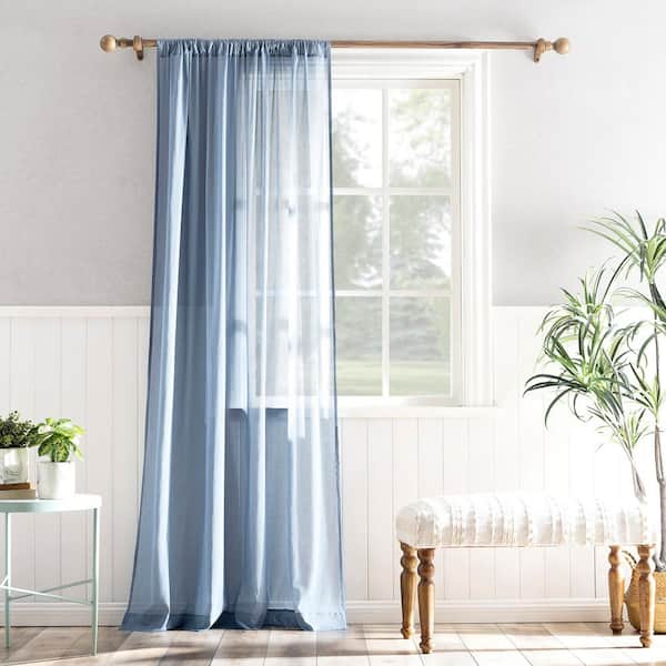 Coralie 100% Cotton Denim Blue Cotton 50 in. W x 63 in. L Rod Pocket Sheer Curtain (Single Panel)