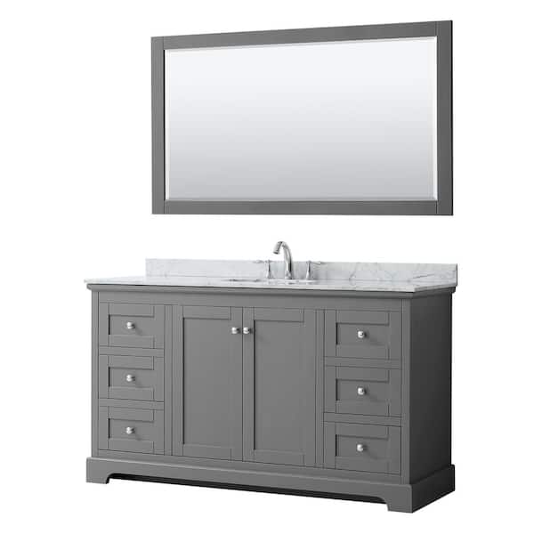 Wyndham Collection Avery 60 in. W x 22 in. D Bath Vanity in Dark Gray with Marble Vanity Top in White Carrara with White Basin and Mirror