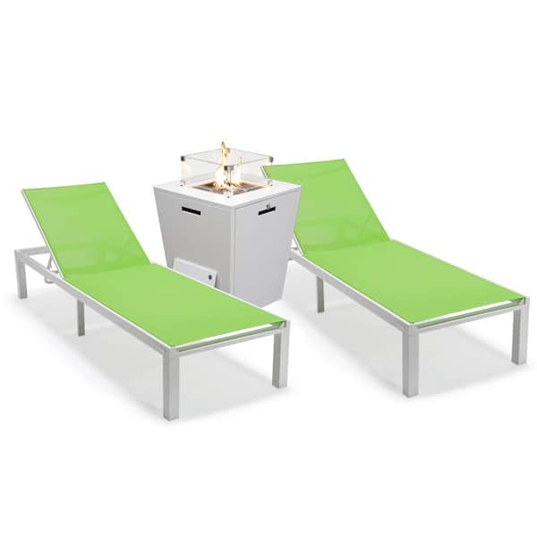 Leisuremod Marlin Modern White Aluminum Outdoor Patio Chaise Lounge Chair Set of 2 with Fire Pit Table (Green)