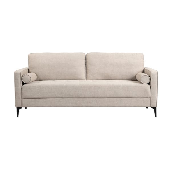 Goodwin 75.6 in. Square Arm Fabric Rectangle Mid-Century Modern Sofa with Throw Pillows in. Sand Beige