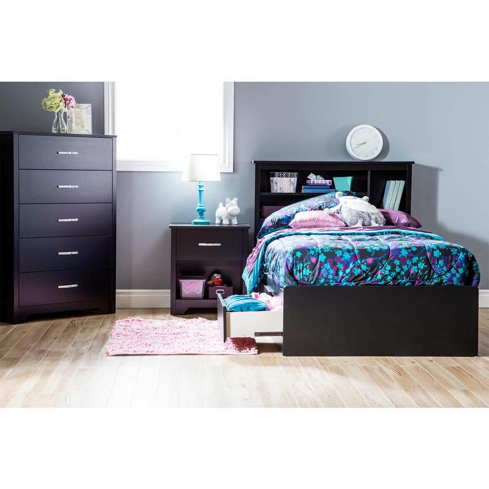 Pure Black Twin Wood Platform Bed with 3 Drawers