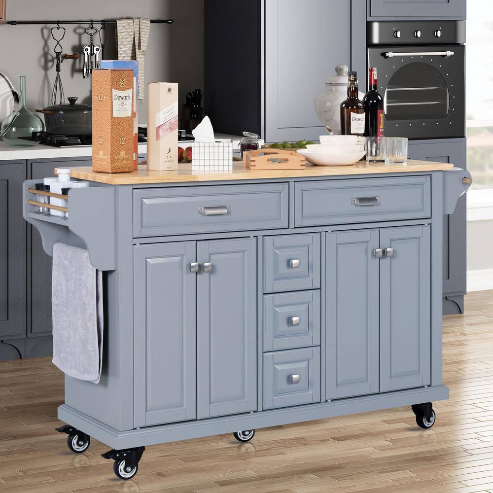 Grey Rubber wood Kitchen Cart with Towel Rack and Spice Rack
