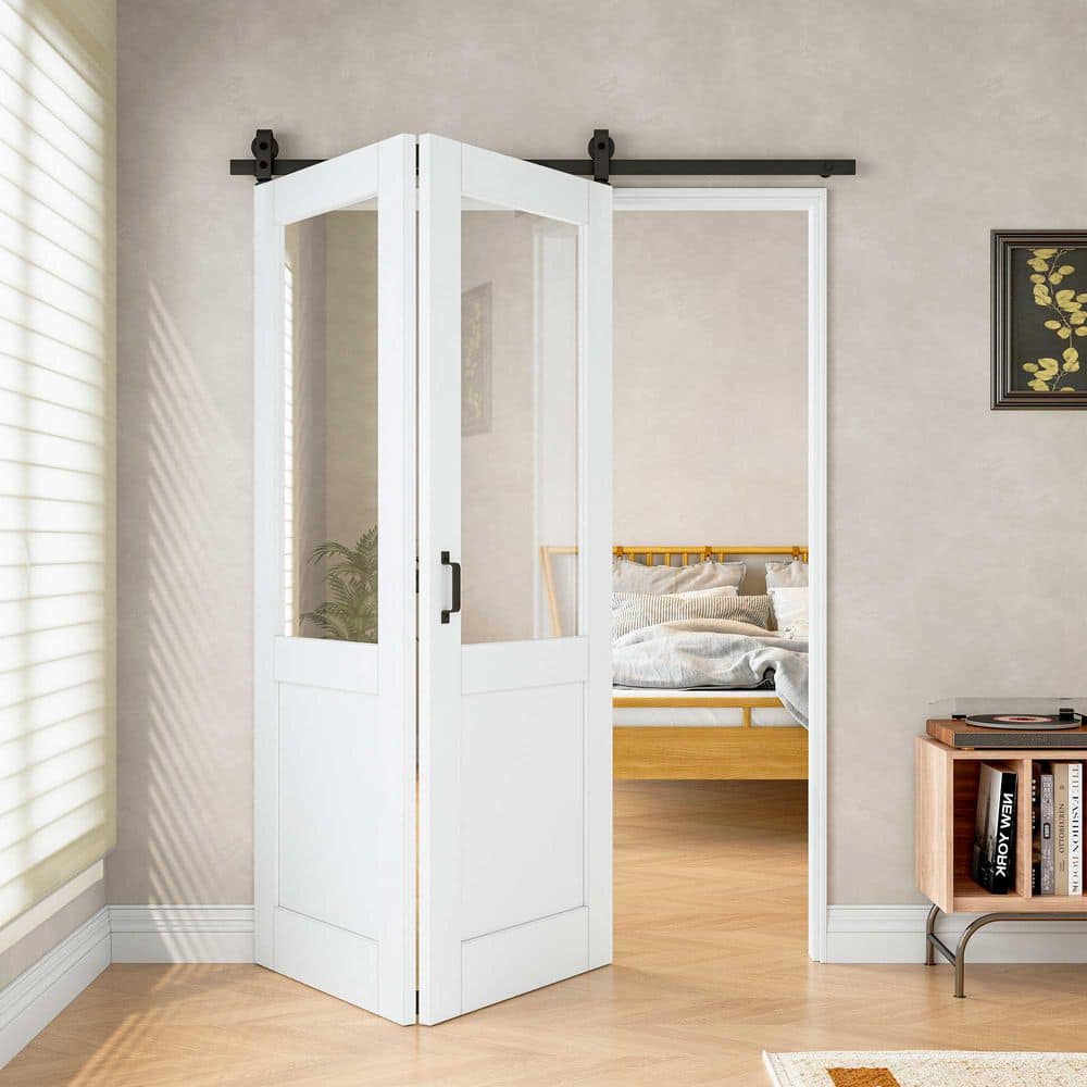 60 in. x 80 in. 1/2-Lite Tempered Clear Glass White Primed MDF Bifold Sliding Barn Door with Hardware Kit price history on PriceWatchPro