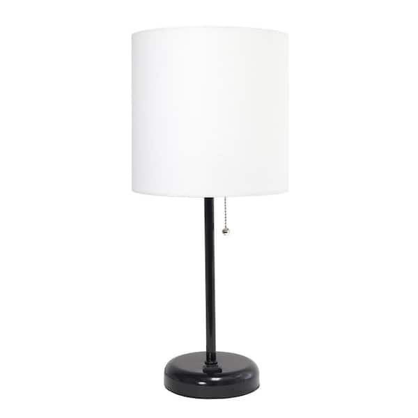 Creekwood Home 19.5 in. Black Stick and White Shade Contemporary Bedside Power Outlet Base Standard Metal Table Lamp with Fabric Shade