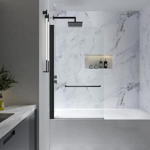 34 in. W x 58 in. H Pivot Semi Frameless Tub Door in Matte Black with 1/4 in. Clear Tempered Glass and Towel Bar Handle