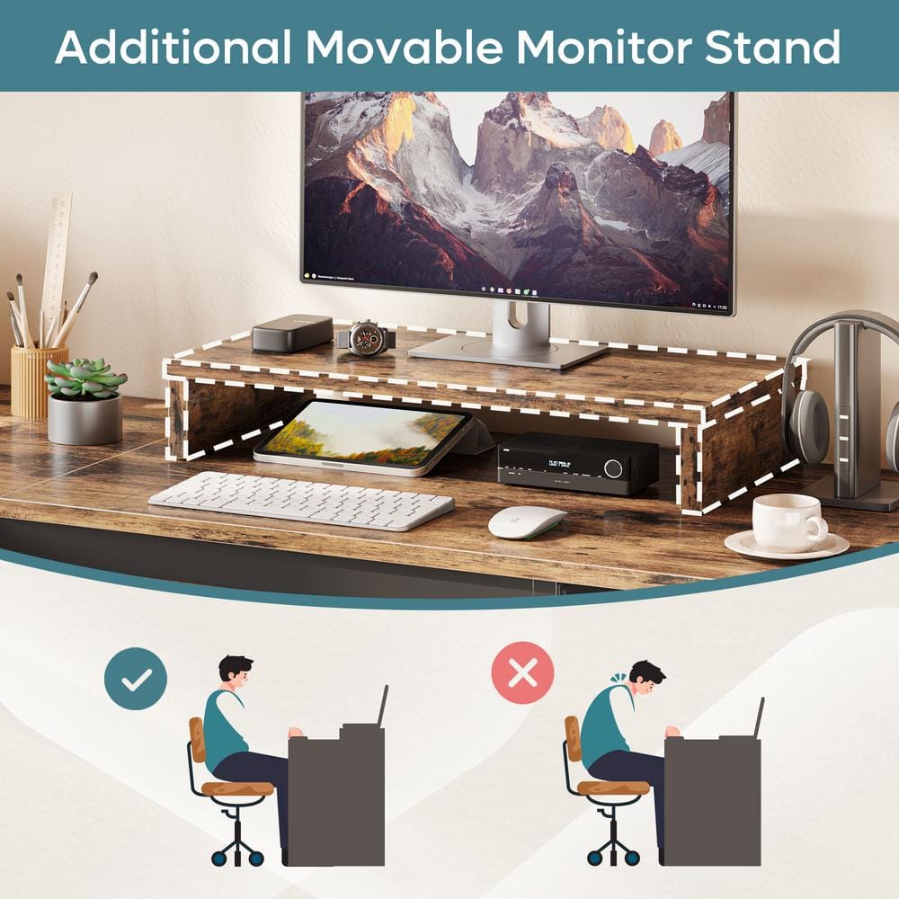 Rustic Brown L-Shaped Adjustable Height Desk with Filing Cabinet