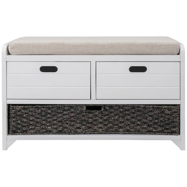 20 in. H x 32 in. W White Soild Wood Shoe Storage Bench with Removable Basket and 2-Drawer