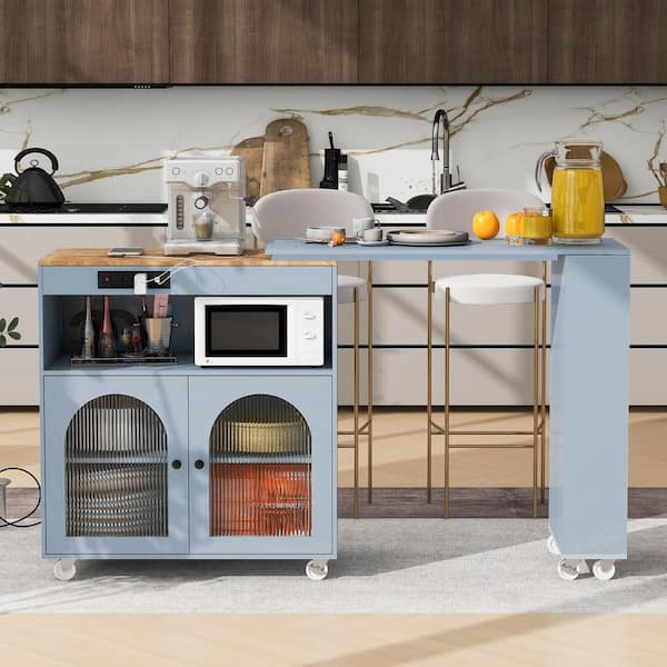 Unbranded Gray Blue Wood Kitchen Cart with Storage, Kitchen Island with Extended Table/LED Light/Power Outlet/2 Fluted Glass Door