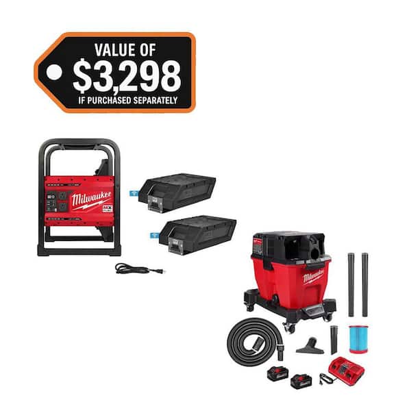 MX FUEL 3600-Watt/1800-Watt Battery Powered Push Start Generator with M18 FUEL 9 Gal. Cordless Wet/Dry Shop Vacuum Kit