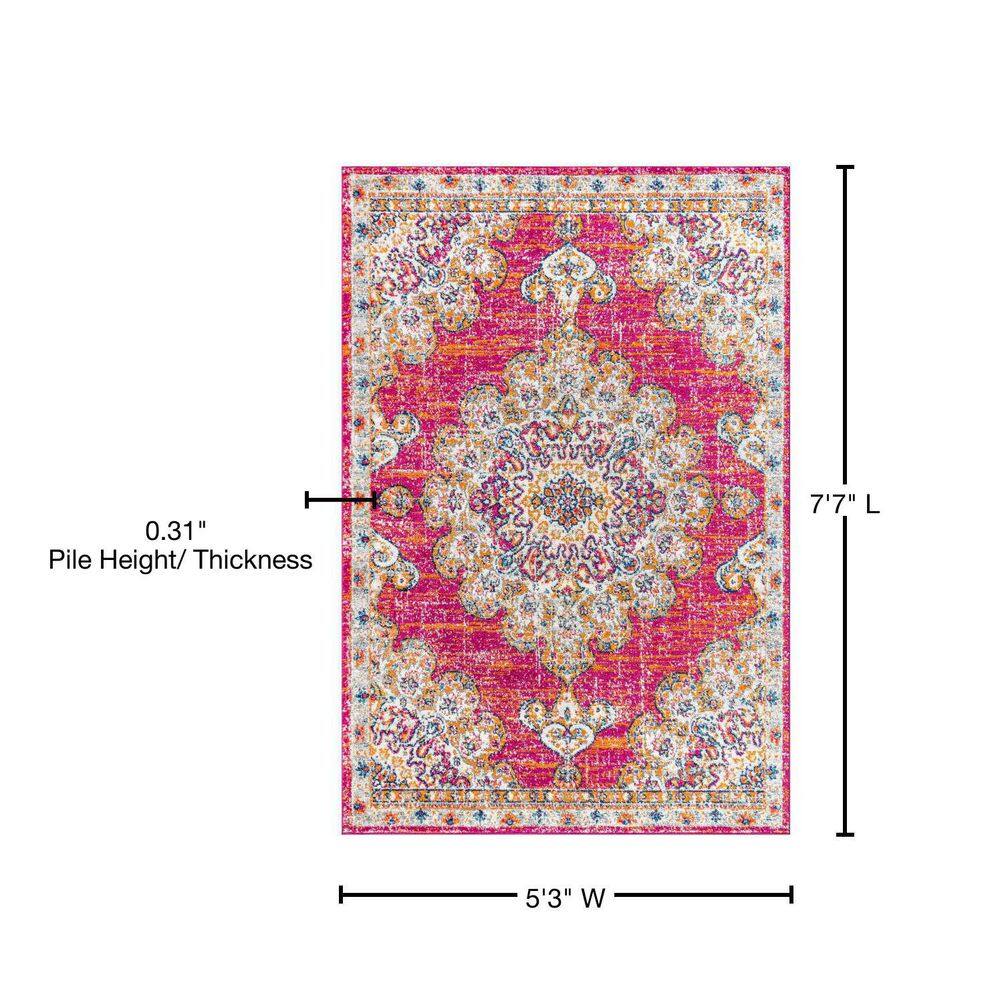 Bohemian Flair Pink and Cream Synthetic Medallion Area Rug