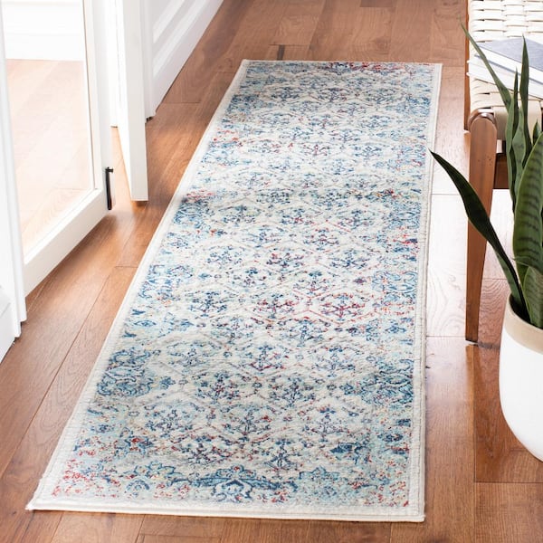 Brentwood 2 ft. x 10 ft. Ivory/Blue Border Multi-Floral Geometric Runner Rug