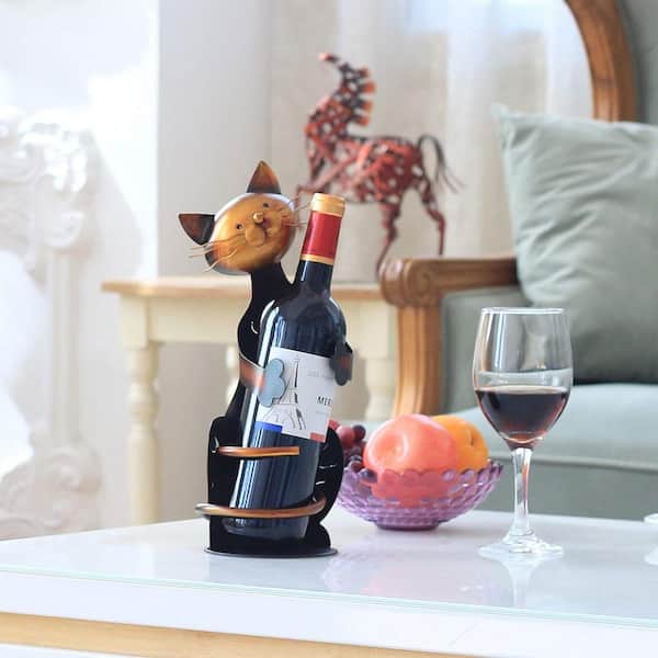 JFVKAF Cat Shaped Black Metal Wine Rack Sculpture Retro Countertop