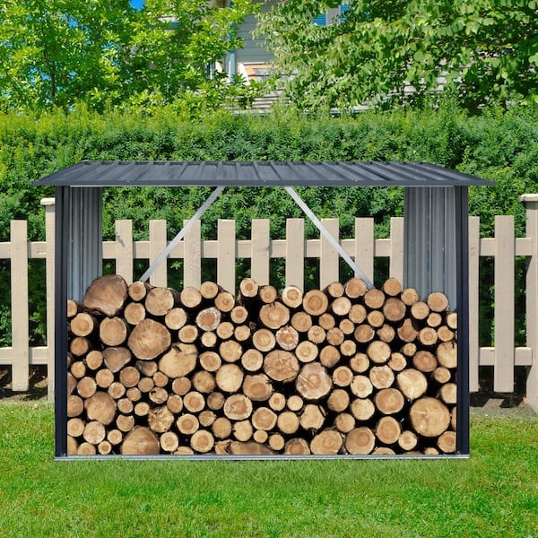 85.5 in. Outdoor Steel Firewood Rack, Open Wood Shed with Sloped