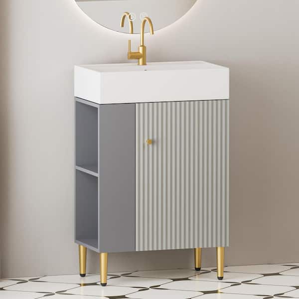 21.6 in. Single Sink Freestanding Matte Gray Bath Vanity with White Ceramic Top and Left Side Open Shelf Unassembled