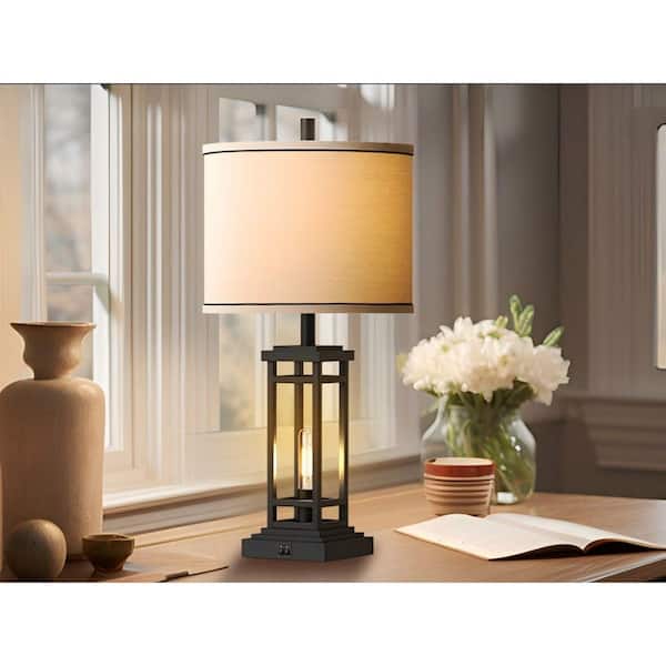 27.5 Tall Farmhouse Black Table Lamps with USB C Plus USB A Charge Ports, Rustic End Lamps (1-Pack) for Bedroom
