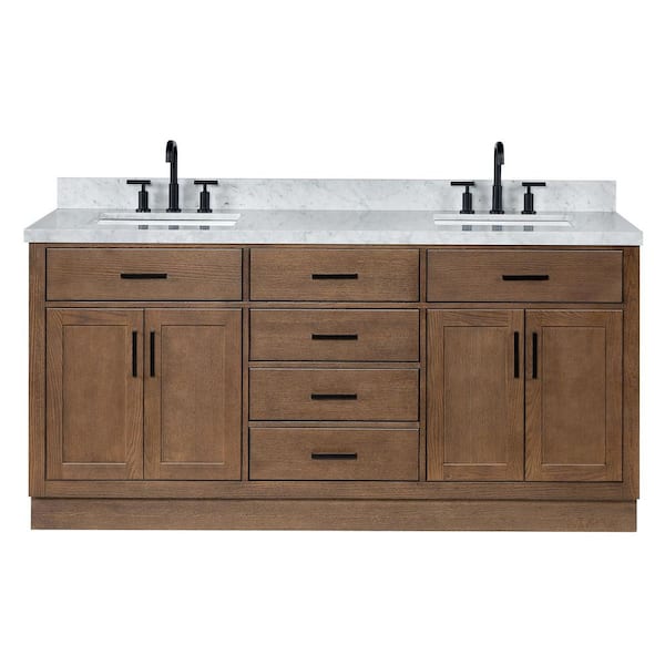 Hepburn 73 in. Double Sink Freestanding in Brown Oak Bath Vanity with Italian Carrara Marble Top