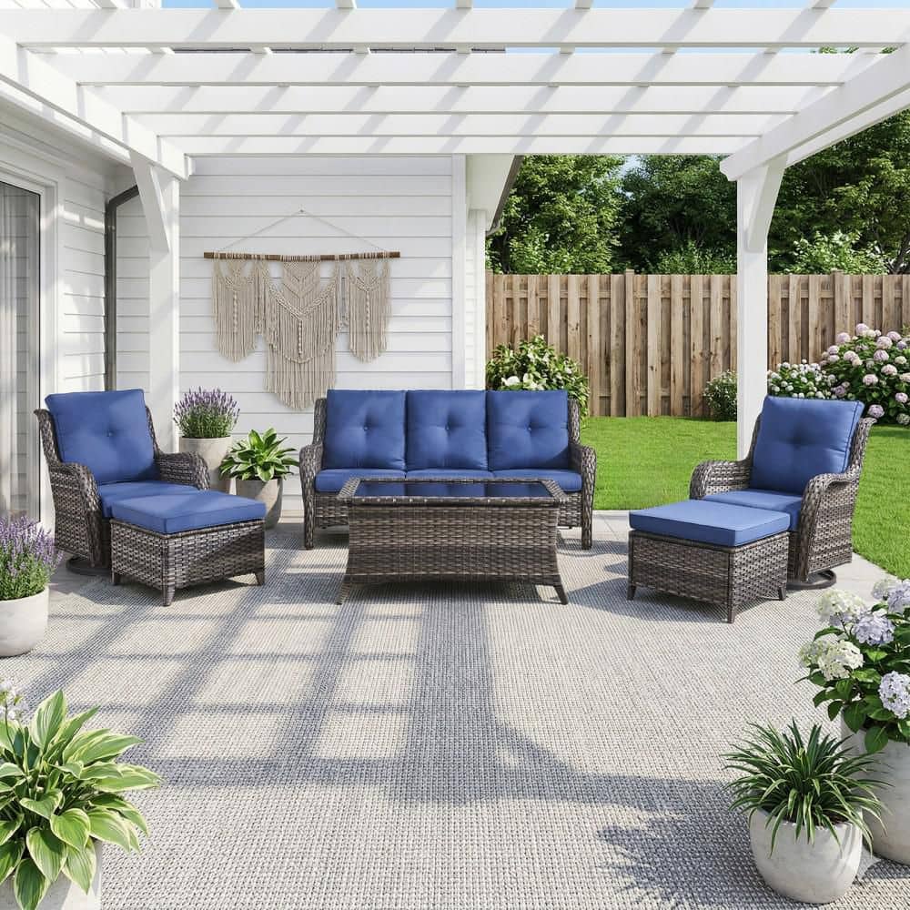 ArcLine 6-Piece Gray Wicker Patio Conversation Set with Olefin Blue Cushions and Swivel Glider Chairs/Sofa price history on PriceWatchPro