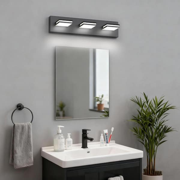 Minimalist 3-Light LED Vanity Light with Up and Down Lighting, 15W Integrated PCB Fixture, Black Metal Finish, 6300K