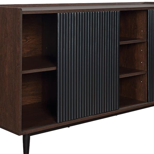 Manhattan Comfort Duane Dark Brown and Black MDF 59.05 in. Modern Ribbed  Sideboard with Adjustable Shelves and Sliding Doors SB-9GLF-BK