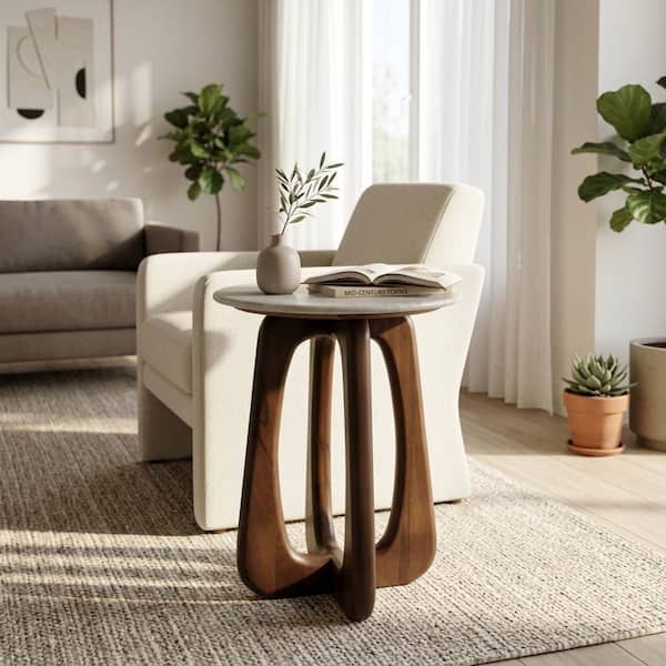15 in. W x 20.25 in. H Ivory/Beige Round Marble Top End Table with Openwork Brown Wood Base