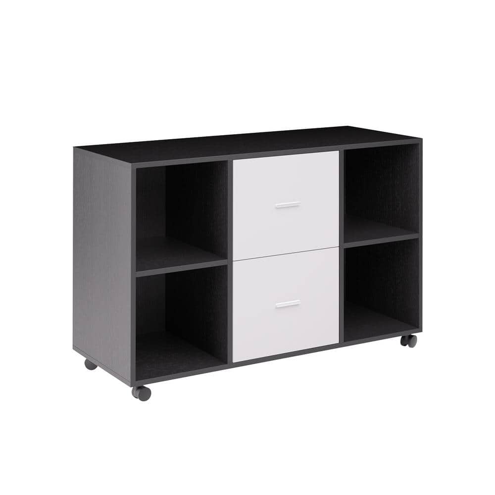 Versatile and Stylish Black Oak and Light Gray Filing Cabinet with 2-Drawers and 4 Open Storage Cabinets