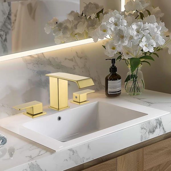 8 in. Widespread Double Handle Bathroom Faucet with Drain Kit Included in Gold