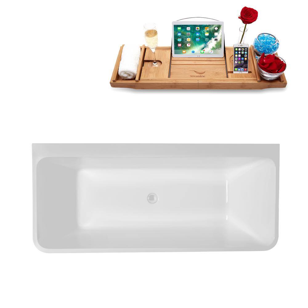 67" Glossy White Acrylic Freestanding Soaking Tub with Bamboo Tray