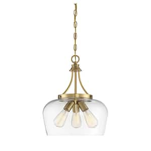 Octave 15 in. W x 18 in. H 3-Light Warm Brass Shaded Pendant Light with Clear Glass Shade