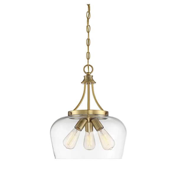 Savoy House Octave 15 in. W x 18 in. H 3-Light Warm Brass Shaded Pendant Light with Clear Glass Shade