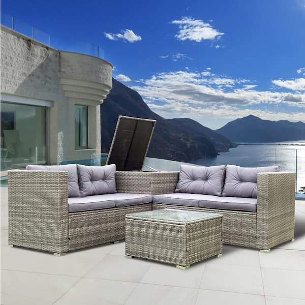 4 Piece Patio Sectional Wicker Rattan Outdoor Furniture Sofa Set With Grey Cushions And Storage Box J W329s00032 - Mountain Back Wicker Patio Furniture Set 4 Piece