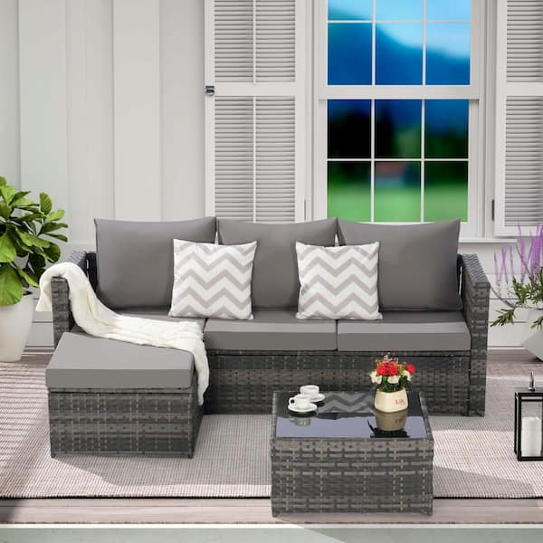 Sudzendf Gray 2-Piece Wicker L- Shaped Patio Conversation Set with Dark Gray Cushions, Ottoman and Detachable Table