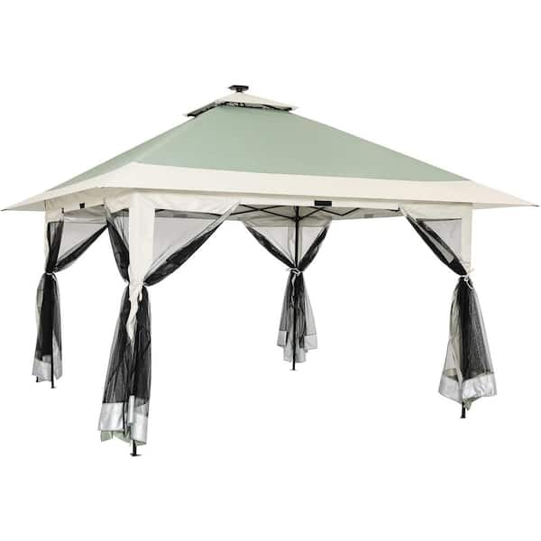 13 ft. x 13 ft. Green Pop Up Gazebo Canopy Tent with Solar LED Lights and Zippered Mosquito Netting