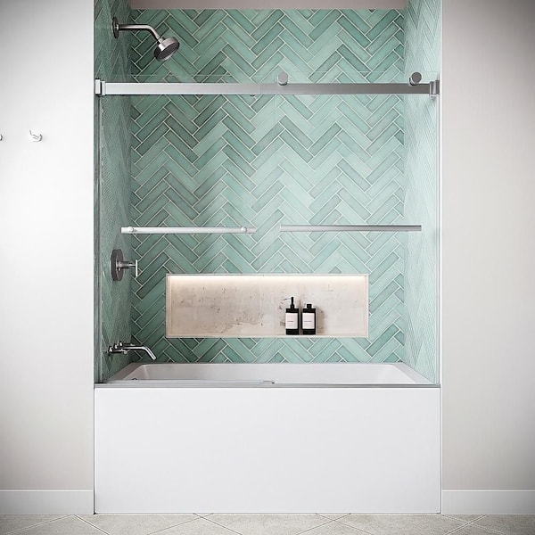 Fino 60 in. W x 58 in. H Semi-Frameless Sliding Tub Door in Polished Chrome w// CrystalTech Treated 5/16 in. Clear Glass