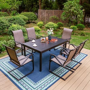 Black 7-Piece Metal Patio Outdoor Dining Set with Extendable Table and Textilene C-Spring Chairs