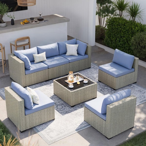 ELPOSUN 7-Piece Outdoor Rattan Sofa Set with Cushions