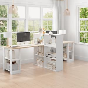 105.1 in. W Rectangular White Double Wood Computer Desk Workstation For Office, with Bookcase, Open Shelves