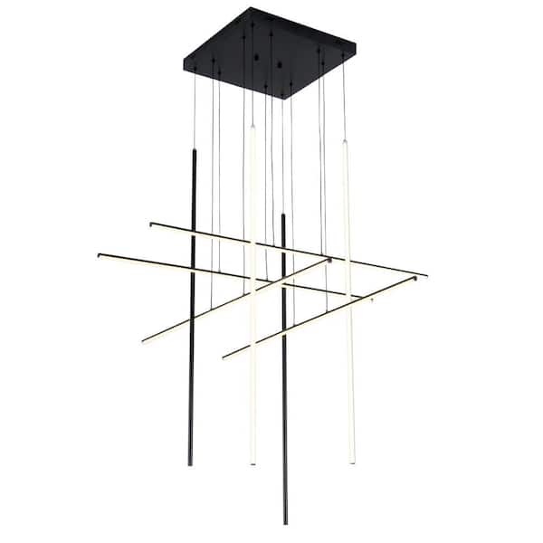 8-Lights Modern Integrated LED Dimmable Black Linear Chandelier for Living Room Stairs Foyer Square Plate