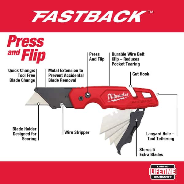 Milwaukee Fastback 6-in-1 Folding Utility Knife with General Purpose Blade and 7 in. Rafter Square