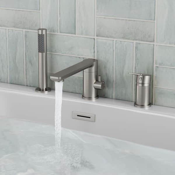 Single-Handle Deck-Mount Roman Tub Faucet G1/2in. 2. 3GPM 20PSI with Hand Shower in Brushed Nickel