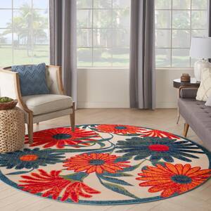 Aloha Ivory Multicolor 8 ft. Round Floral Contemporary Indoor/Outdoor Area Rug