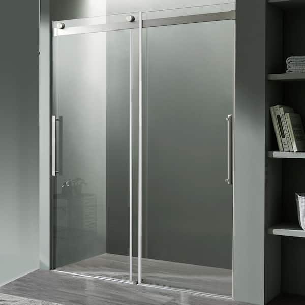 Stellar Series 48 in. x 76 in. H Sliding Frameless Shower Door in Brushed Nickel with Tsunami Guard Tempered Glass