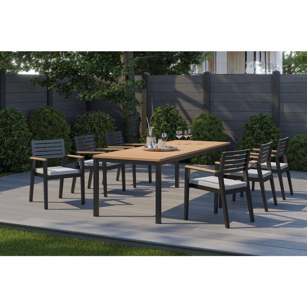 Rhodes 7-Piece Natural Teak Dining Set with Silver Cushions