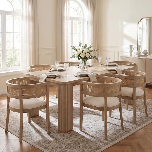 Jason 7-Piece Wood Top Dining Set with Beige + Natural Fabric Upholstered Dining Chairs, Light Ash Dining Table, Seats 6