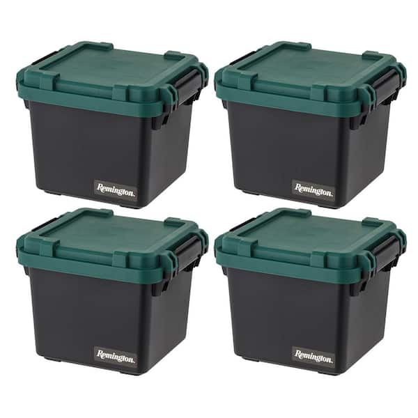 7.5 Gal. Remington Heavy Duty Trail Box, Stackable Storage Bin with Latching Lids, Black, (4-Pack)